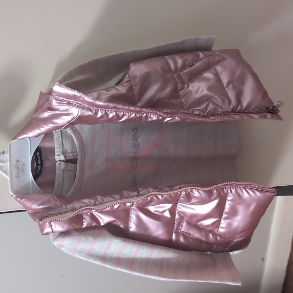 Calvin Klein Jeans Pink and Gray Striped Long Sleeve Tee And Pink Puffy Vest